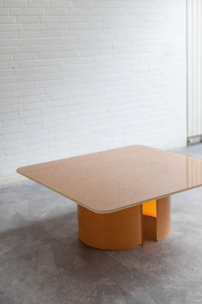 Perzikkleurige glazen salontafel, Galotti & Radice 1970, Ophalen, Gebruikt, Vierkant, Glas