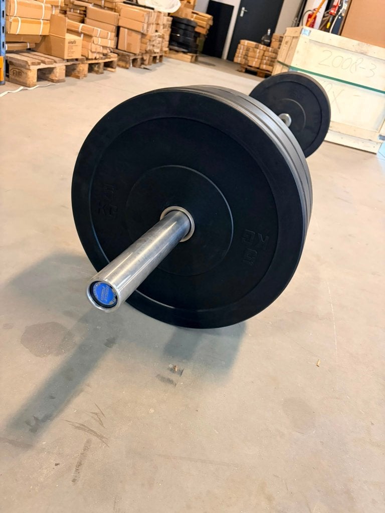 Muscle Power 110KG bumperplate set nieuw!, Ophalen, Nieuw, Halterstangen