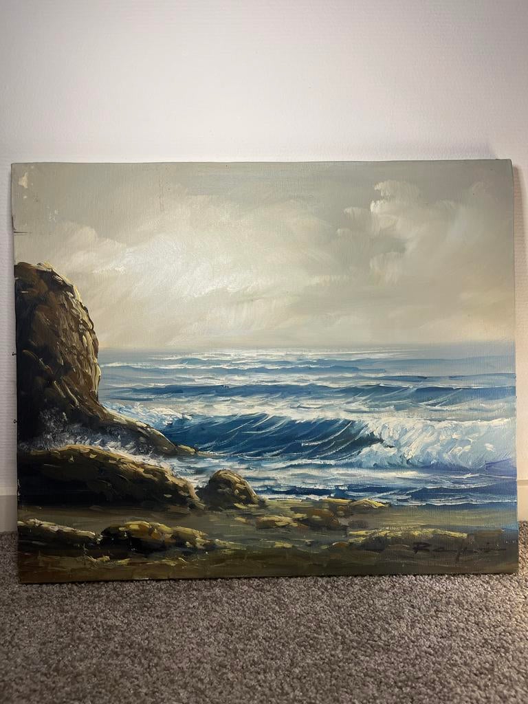 Vintage Schilderij Olieverf Zeegezicht met Rotsen, Ophalen of Verzenden