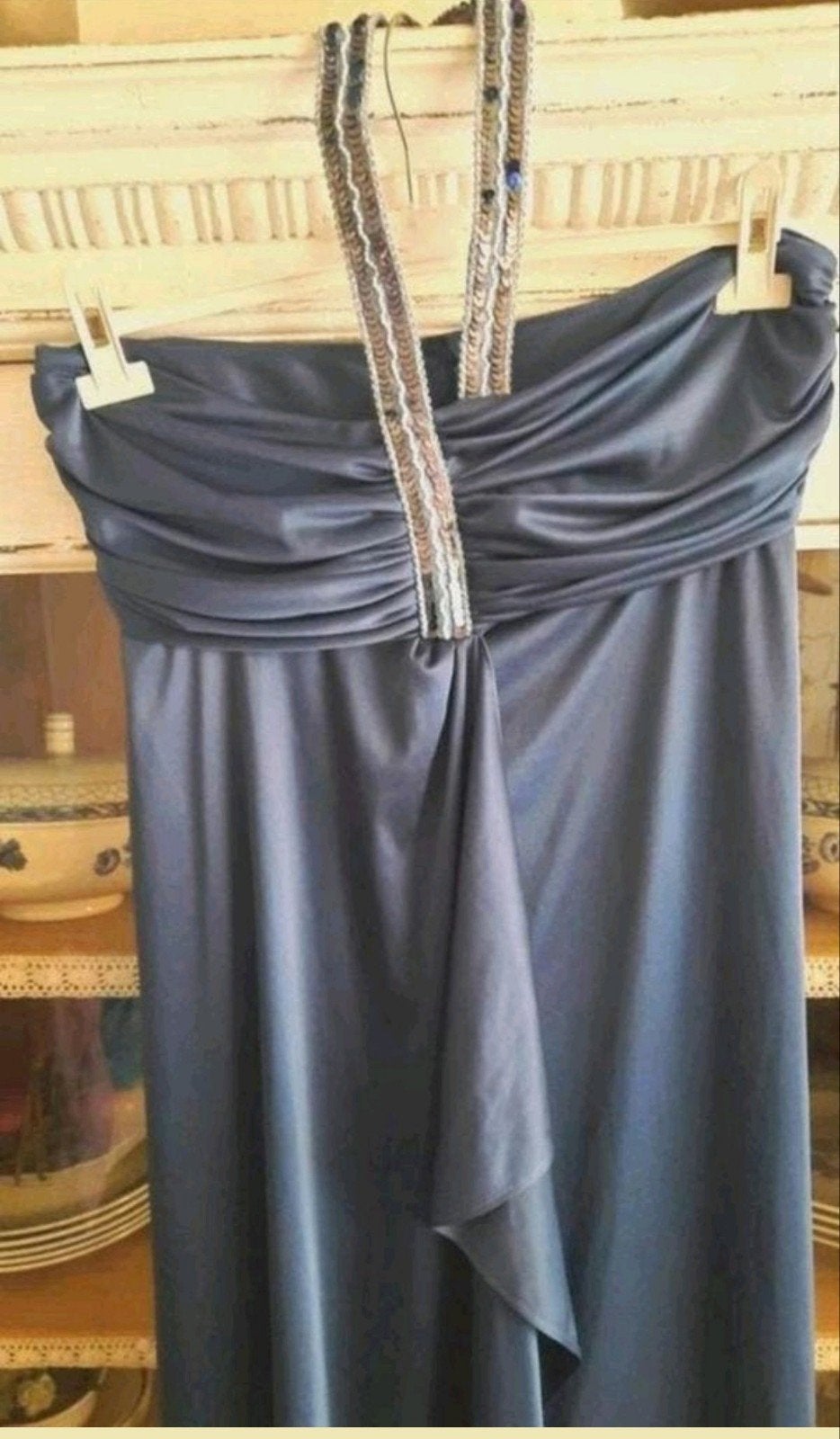 Vintage rafblauwe satijnen strapless avondjurk L  42, Galajurk, Maat 42/44 (L), Verzenden, Blauw