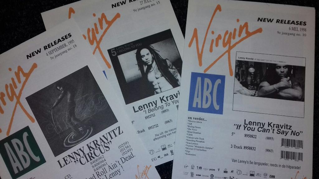 Lenny Kravitz PROMO FOLDERS Virgin Music set van 3, Verzamelen, Verzenden, Zo goed als nieuw, Boek, Tijdschrift of Artikel