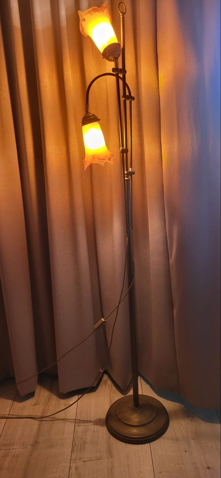 Koperen staande lamp met glazen kelken - 175 cm hoog, Ophalen, Gebruikt, Glas, 150 tot 200 cm