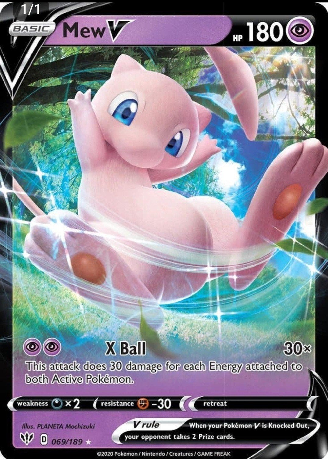 Mew V Pokémon kaart - 069/189 - Basic - 180 HP, Hobby en Vrije tijd, Ophalen of Verzenden, Zo goed als nieuw, Losse kaart