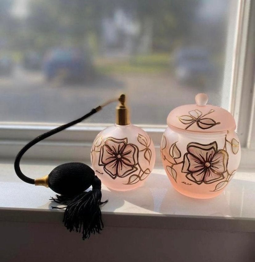 Vintage Roze Glazen Parfumfles & Poederdoosje Set, Ophalen of Verzenden