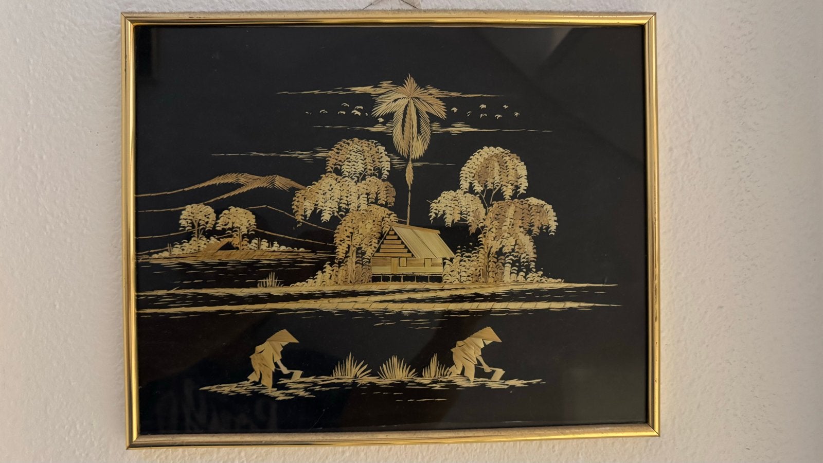 Twee unieke Indonesische bamboe schilderijen - 36,5x29cm, Ophalen, Schilderij, Natuurlijk materiaal, Handgemaakt