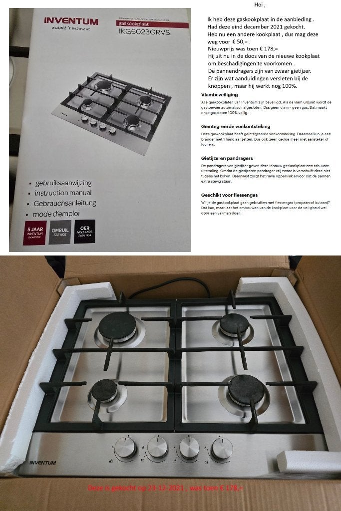 Inventum IKG6023GRVS kookplaat, Witgoed en Apparatuur, Kookplaten, Ophalen, 4 kookzones, Zo goed als nieuw, Inbouw