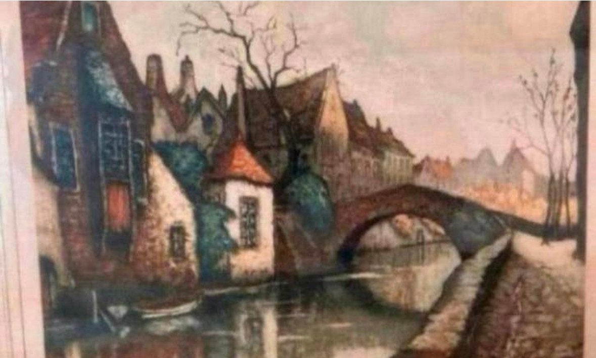 Oude vintage print ingelijst Le Quai Vert CH Chataul Brugge, Ophalen of Verzenden, Print
