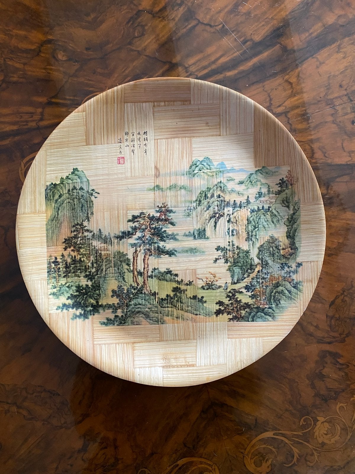 Decoratieve bamboe schaal met Chinees landschap, Antiek en Kunst, Ophalen