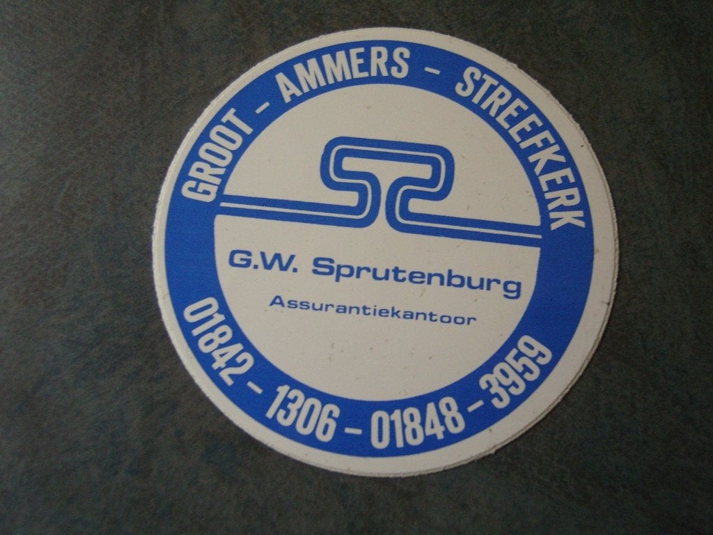 sticker Groot-Ammers Streefkerk G.W. SPRUTENBURG assurantie, Verzamelen, Ophalen, Zo goed als nieuw
