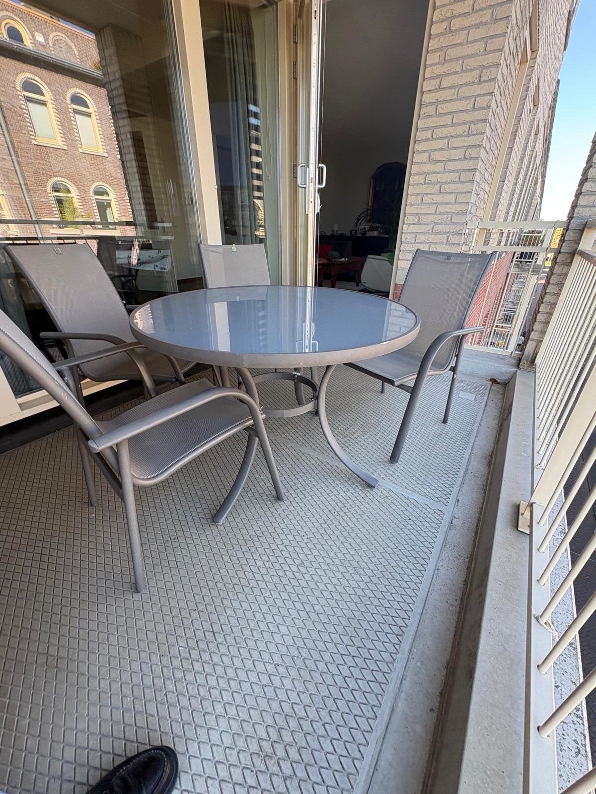 Tuinset met 4 stoelen en glazen tafel 106cmø, Ophalen, 4 zitplaatsen, Gebruikt, Eettafel