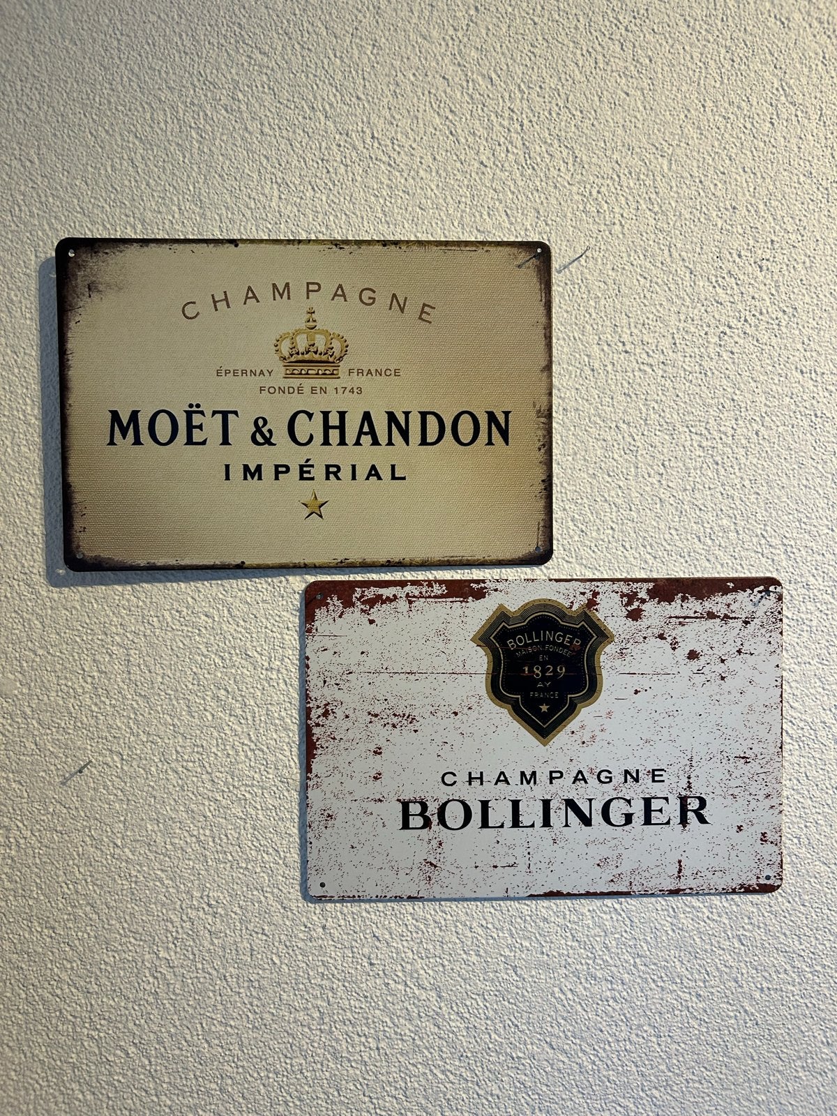 Metalen borden Moët & Chandon en Bollinger (20x30 cm), Vintage, Gebruikt, Meerkleurig, Ophalen of Verzenden