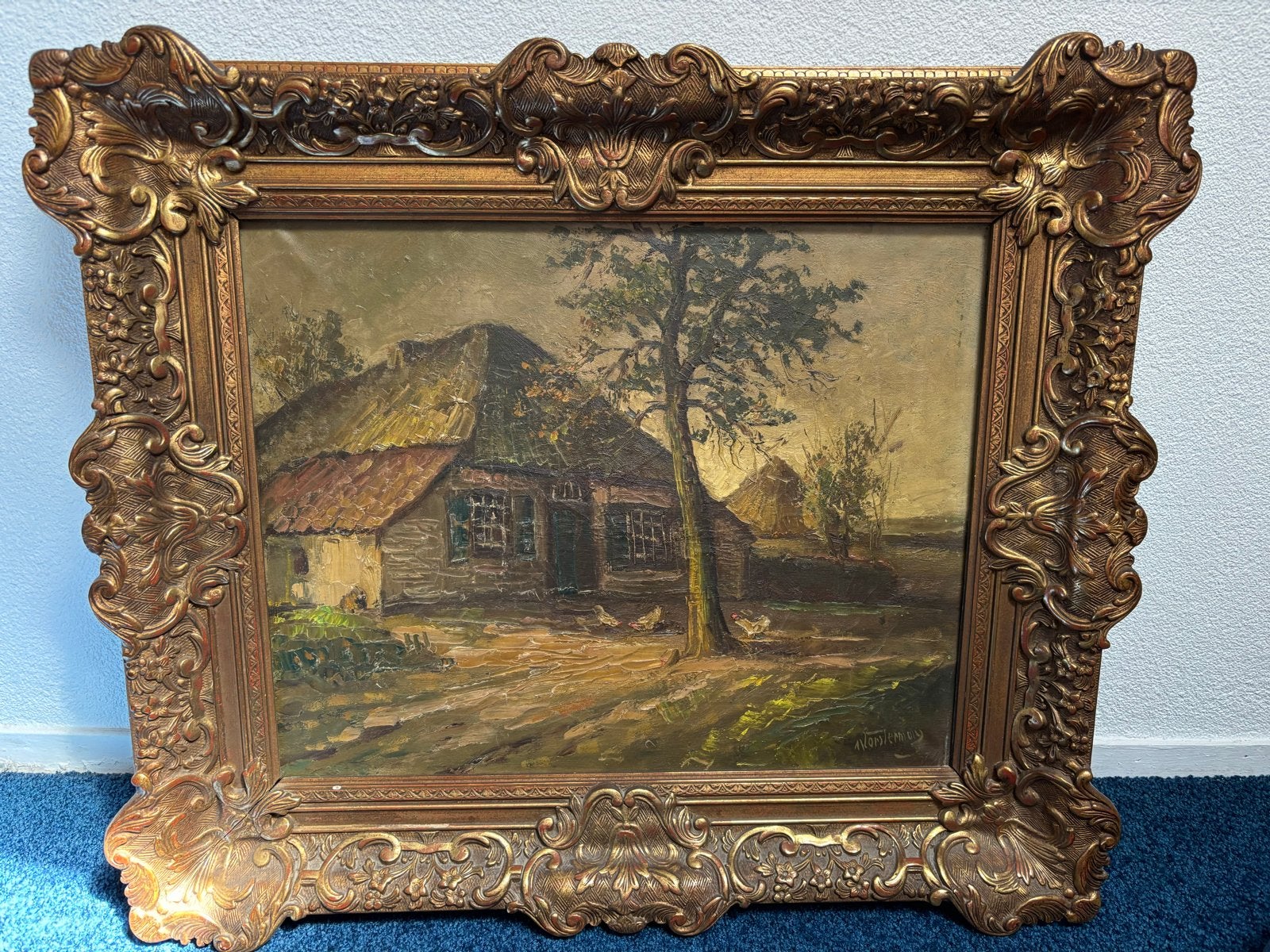 Oud Hollands Landschap met Boerderij en Kippen, Ophalen, Doek, Oud hollands, Gesigneerd