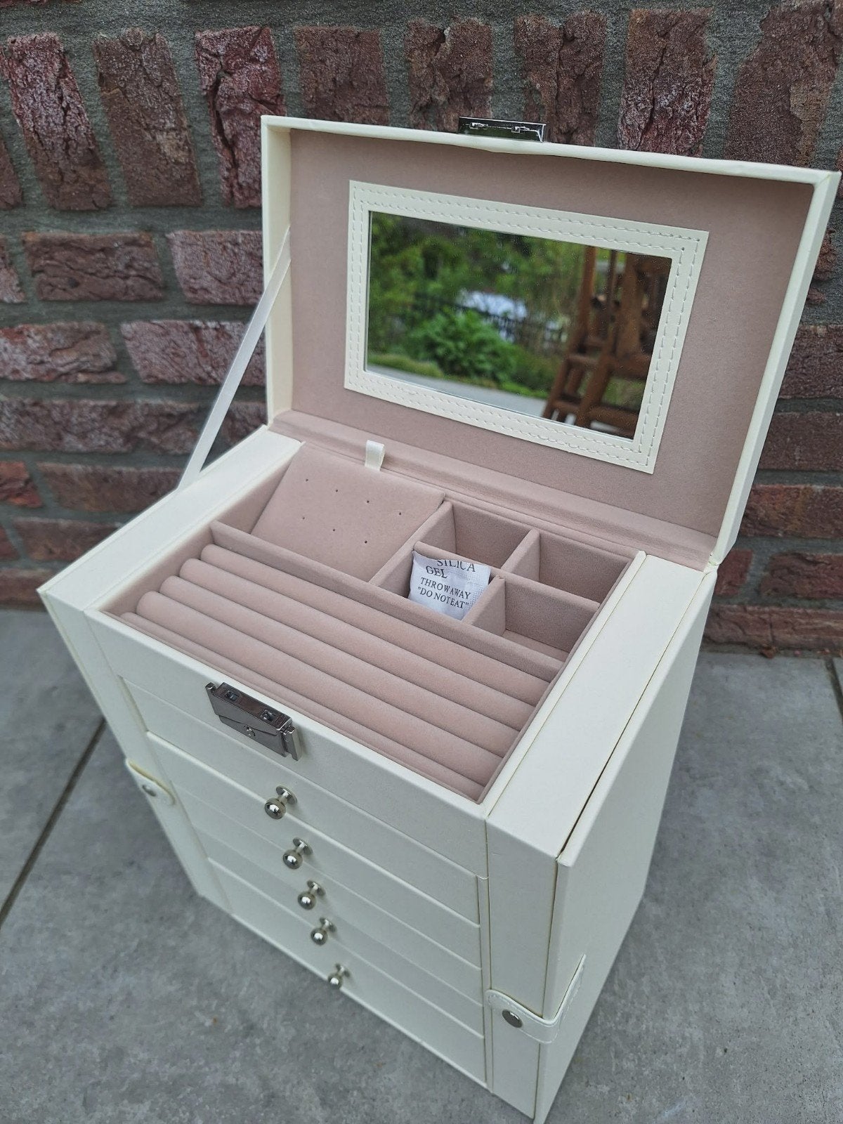 Juwelenbox Sieradenbox Make-Up Cosmetica Wit / Taupe, Wit, Met slot, Nieuw, Ophalen of Verzenden