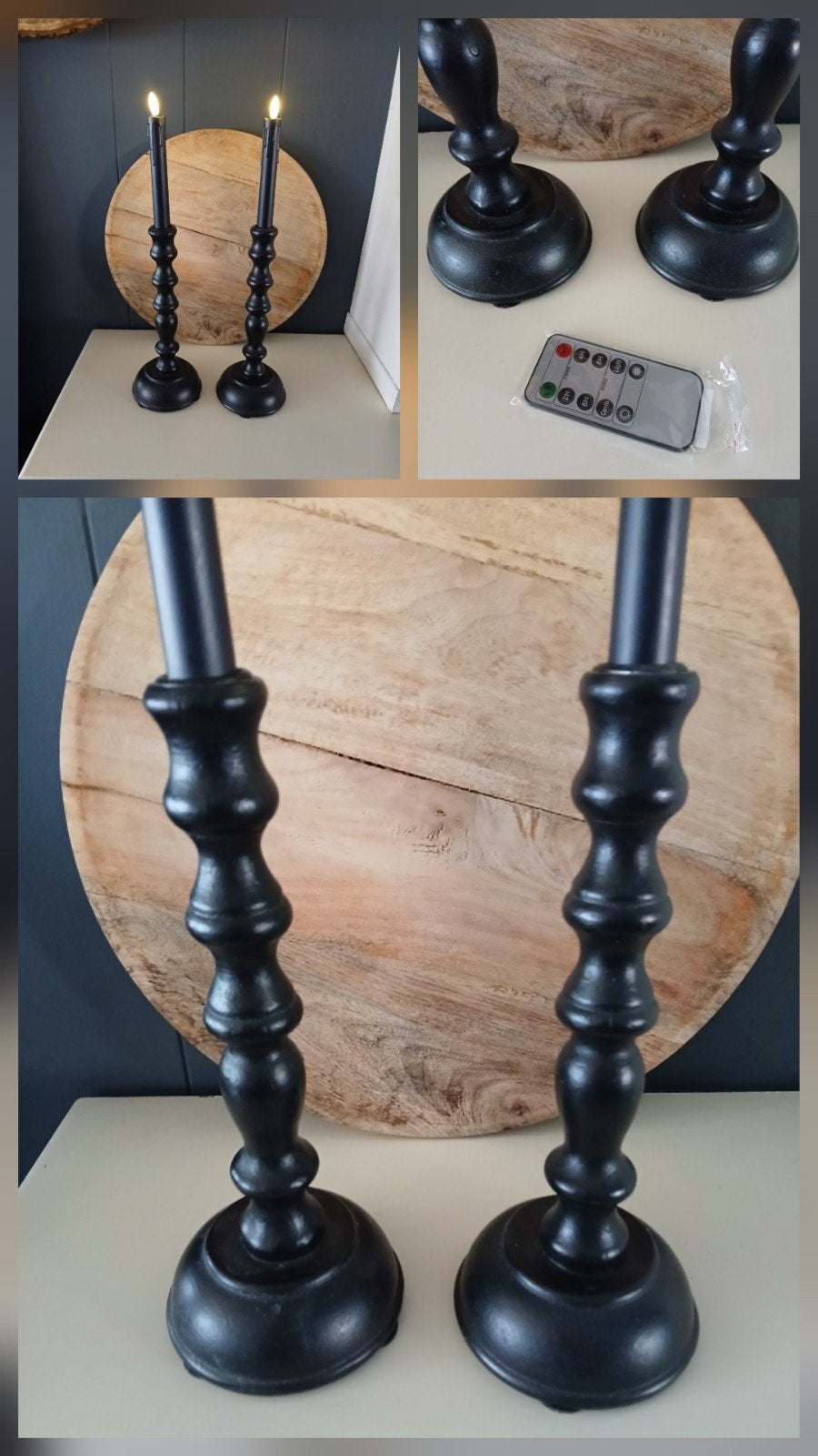 set van twee zwarte kaarsenstandaards met kaarsen en afstand, 43 cm, Ophalen of Verzenden, Zo goed als nieuw, Kandelaar