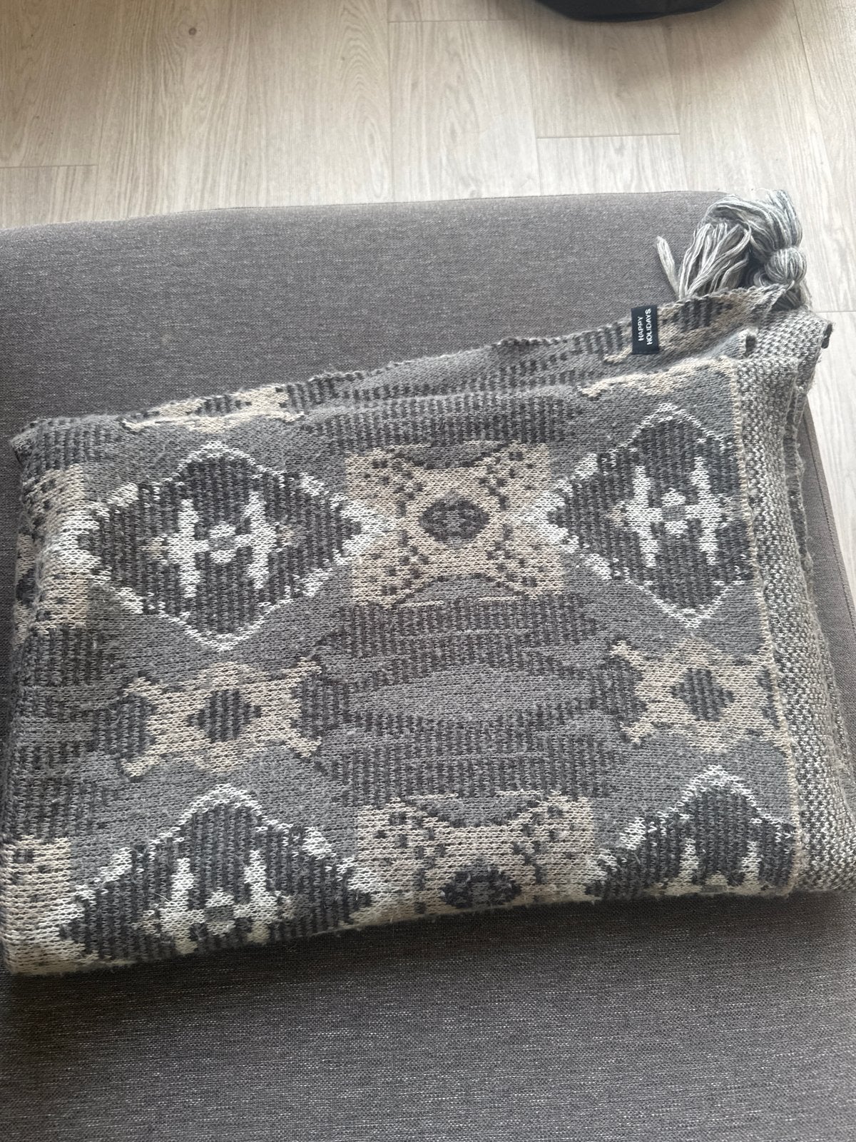 Grijs/beige gebreide plaid met patroon, Ophalen, Zo goed als nieuw, Plaid, Gebreid