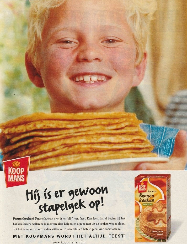 Retro reclame 2003 Koopmans pannenkoeken jongetje feest, Ophalen of Verzenden, Overige typen
