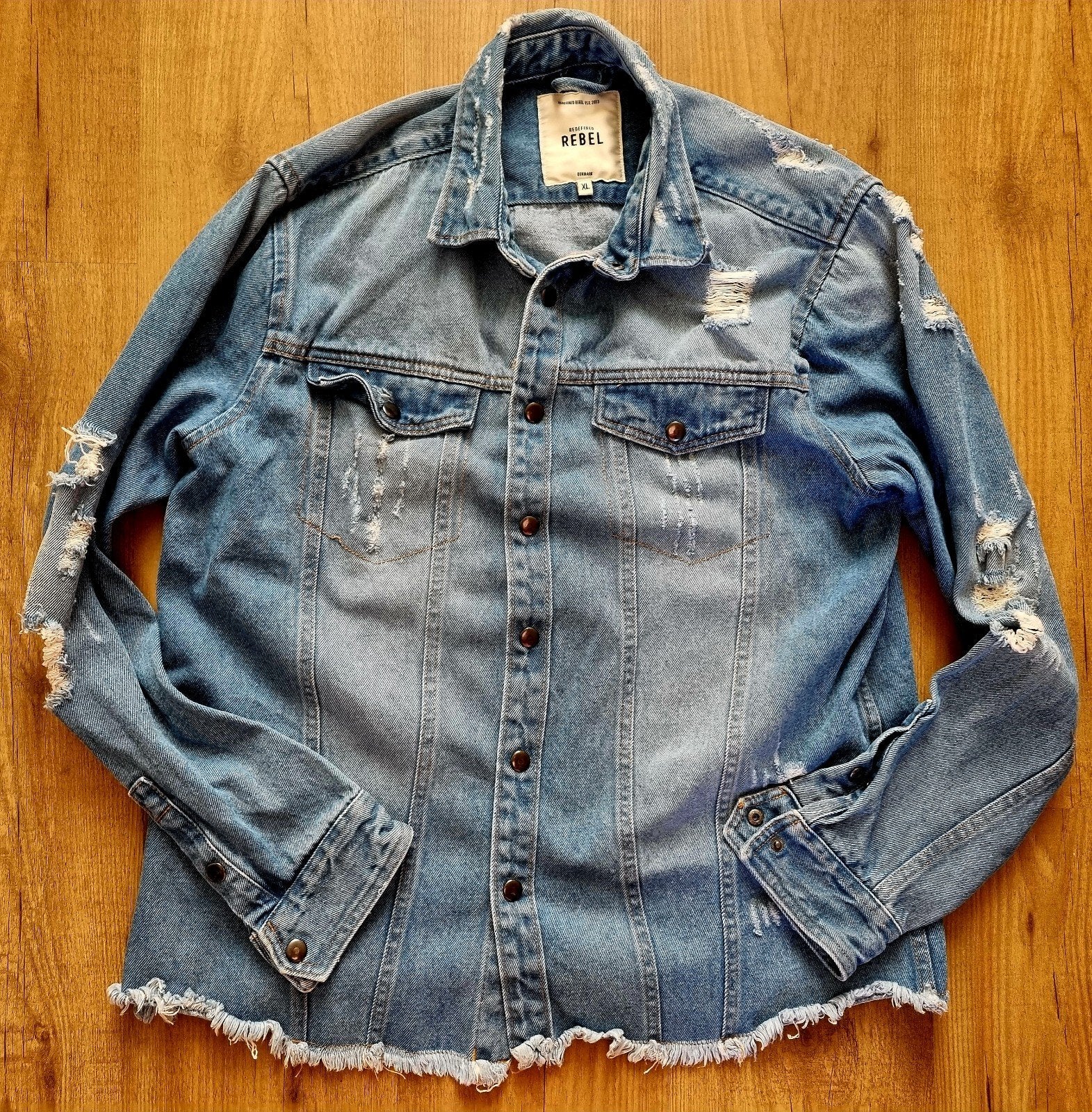 Rebel spijkerjas met distressed details, maat XL (1), Rebel, Ophalen of Verzenden, Gedragen, Maat 46/48 (XL) of groter