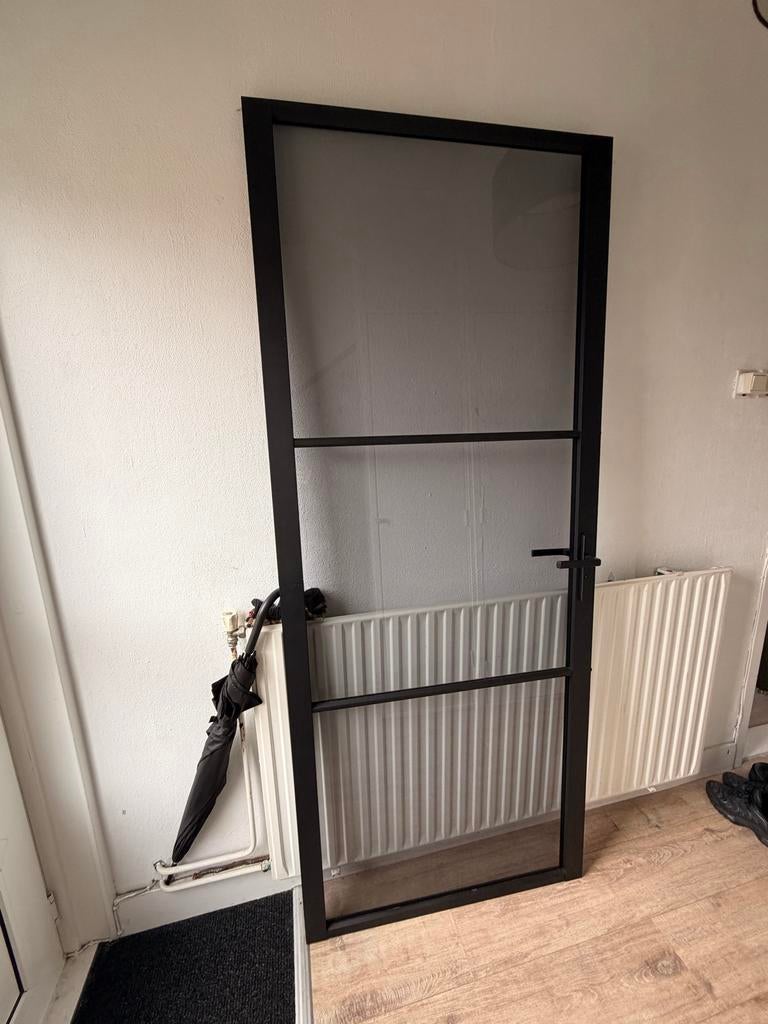 Zwarte stalen binnendeur met donker glas, Ophalen, 80 tot 100 cm, Binnendeur, 200 tot 215 cm