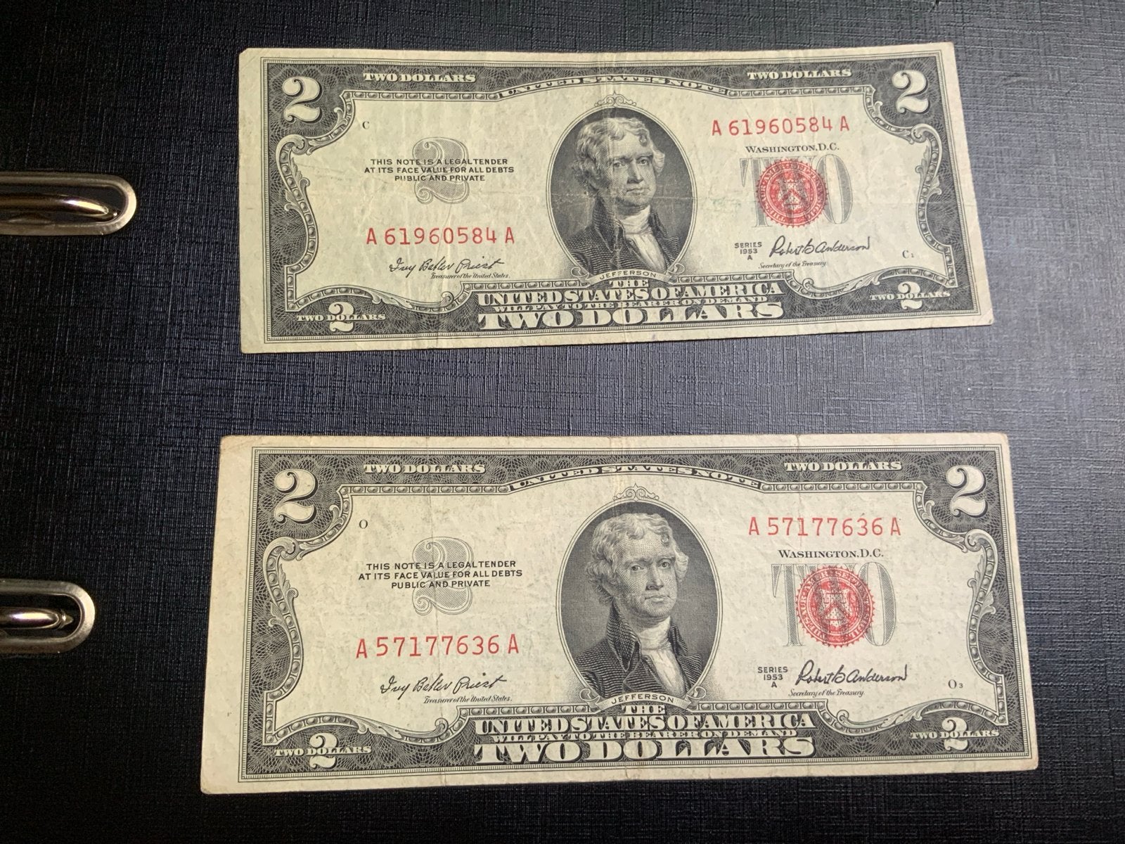 2x Amerikaanse 2 Dollar biljetten - Historische valuta 1953A, Ophalen, Noord-Amerika, Setje