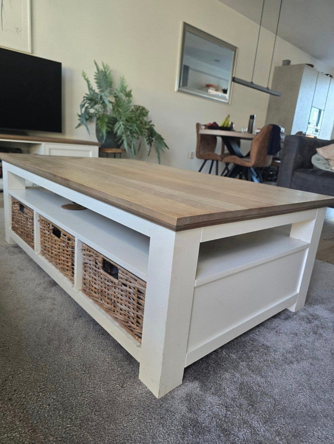 TEAB Salontafel met massief eiken blad, Ophalen, Gebruikt, 100 tot 150 cm, Eikenhout