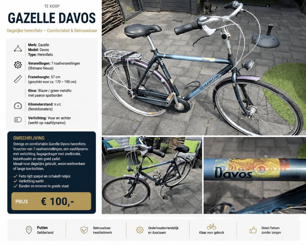 Gazelle Davos herenfiets, Fietsen en Brommers, Fietsen | Heren | Herenfietsen, Ophalen, Gebruikt, Gazelle, Versnellingen