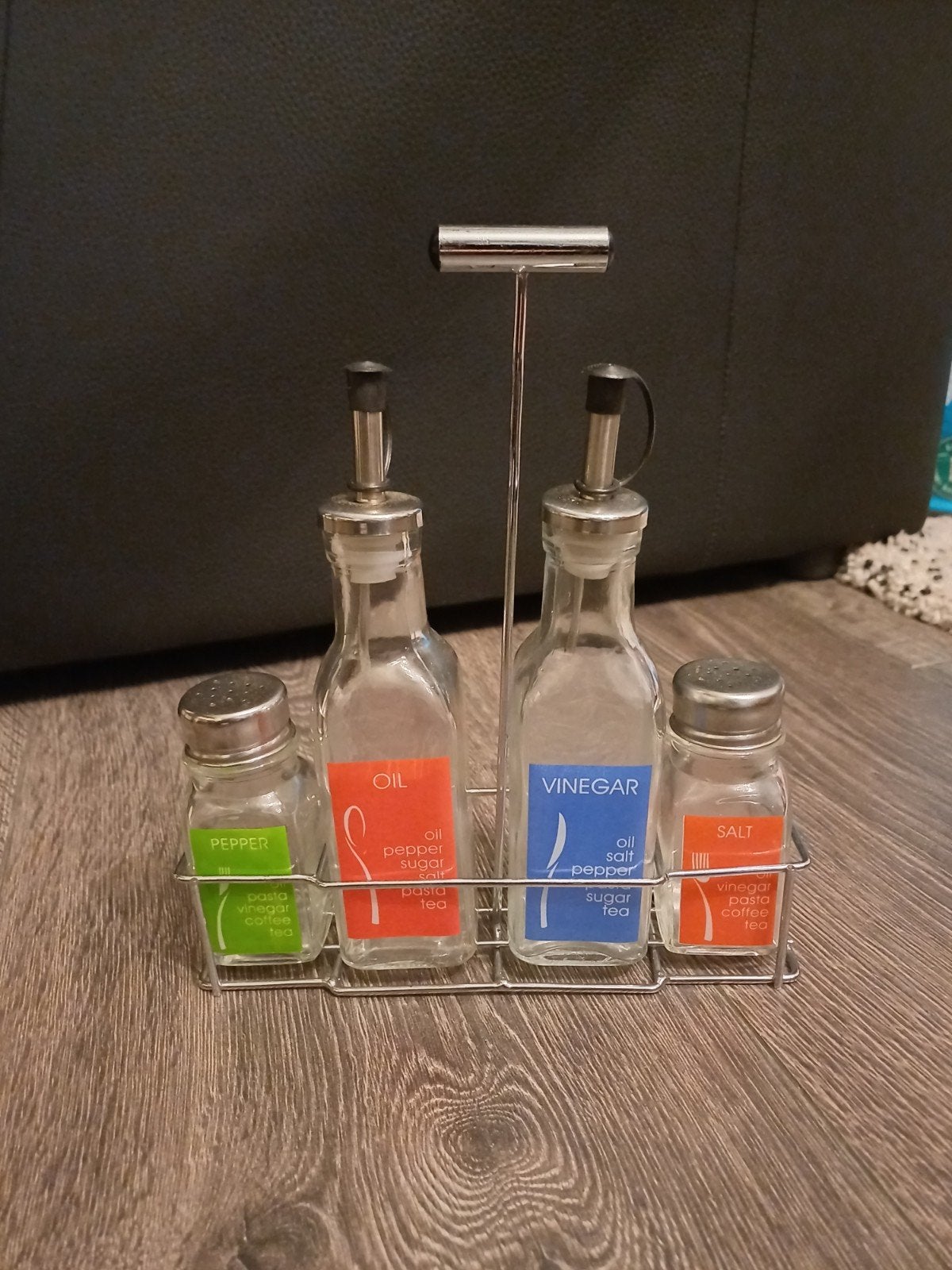 Olie, azijn, peper en zout set met houder, Ophalen of Verzenden, Meerkleurig, Overige merken, Glas