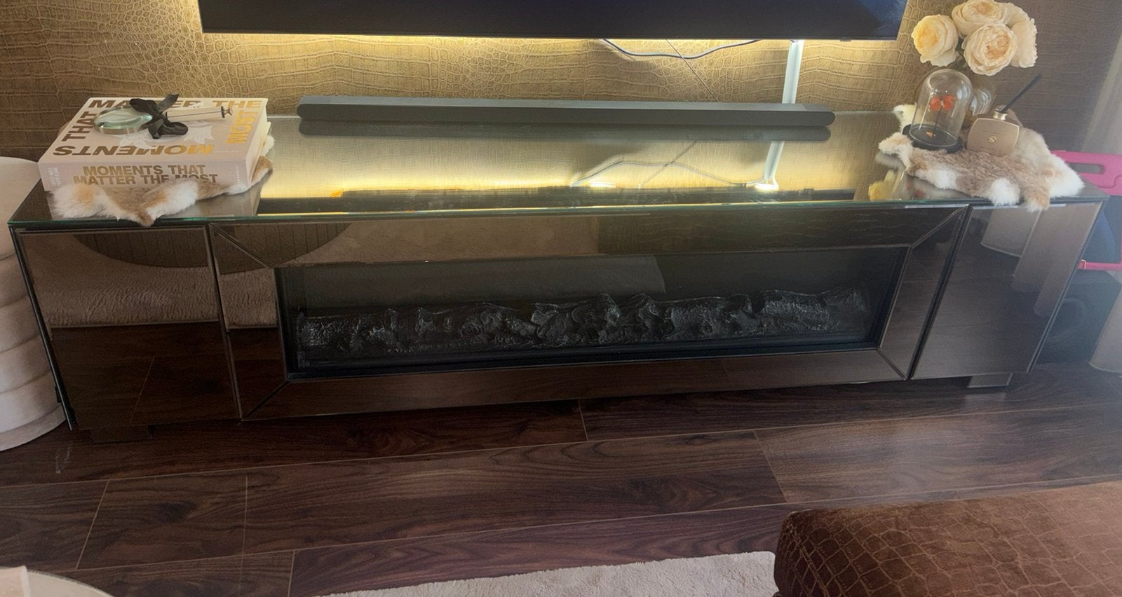 Tv meubel sepia mirror 2 meter lang met sfeerhaard, Ophalen, Zo goed als nieuw, Vrijstaande haard, Elektrische haard