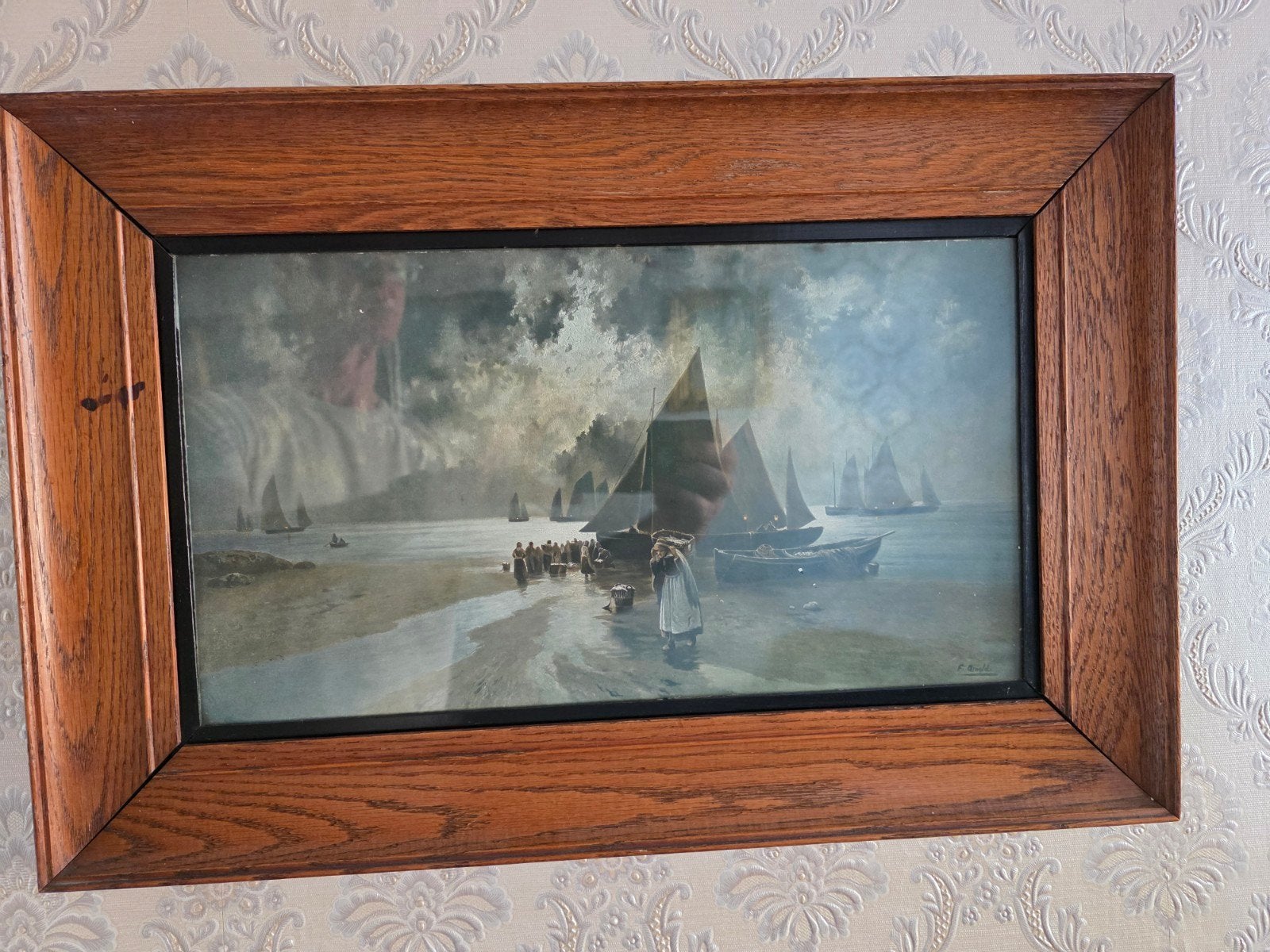 Antiek Maritiem Schilderij F. Arnold - Eikenhouten Lijst, Antiek en Kunst, Kunst | Schilderijen | Klassiek, Ophalen