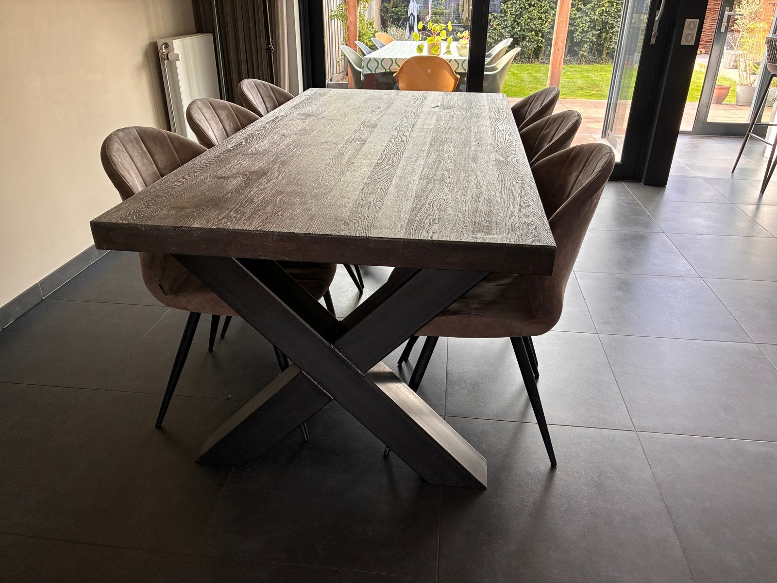 Donker grijze eiken eetkamertafel, Ophalen, Eikenhout, 200 cm of meer, 50 tot 100 cm