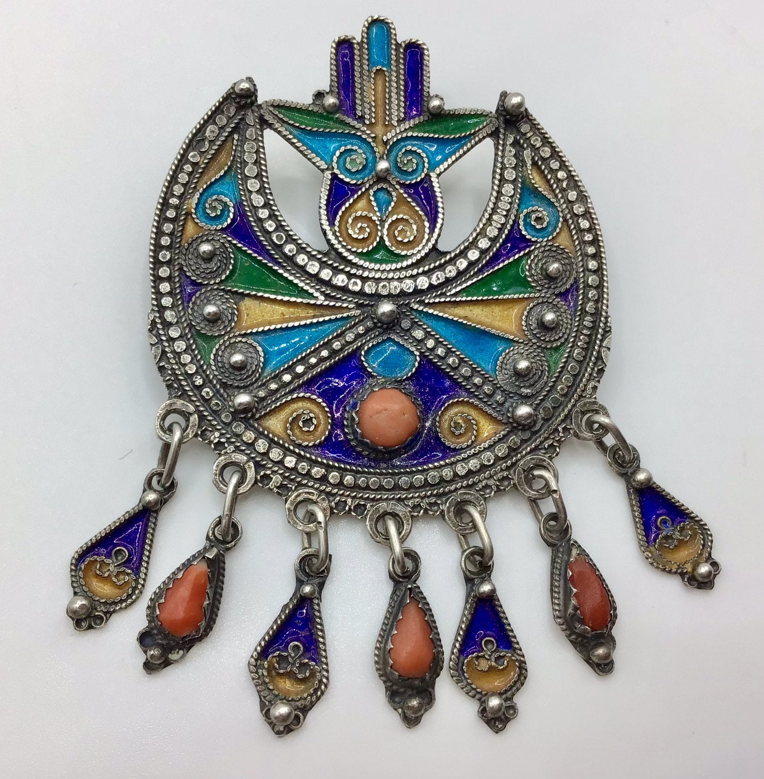 Vintage Berber broche zilver emaille Koraal Kabyle broche, Sieraden, Tassen en Uiterlijk, Antieke sieraden, Verzenden, Zilver