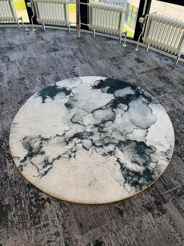 Rond vloerkleed (160cm) met marmer patroon, Ophalen, 100 tot 150 cm, Wit, Rond