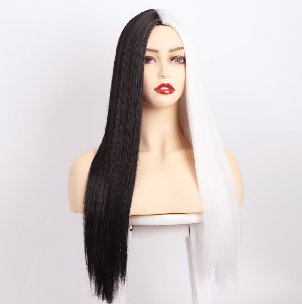 Zwarte Witte Lange Steile Pruik Zwart Haar Haren Dames, Verzenden, Nieuw, Pruik of Haarverlenging