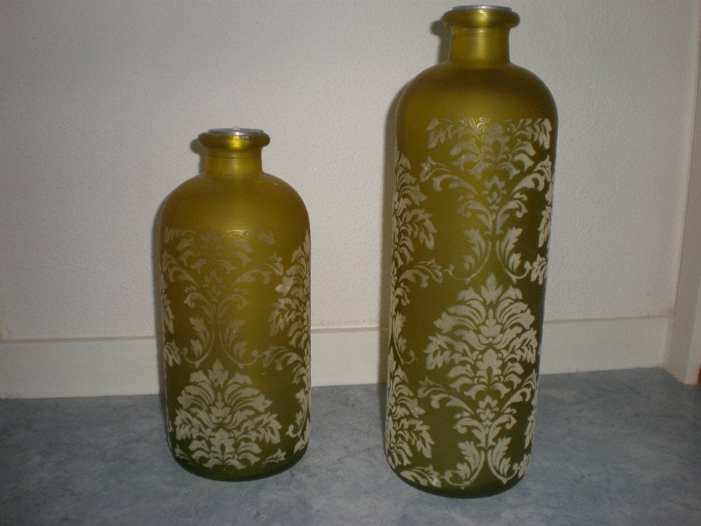 Vintage 2 groene olielampen met fluweelachtige opdruk, Ophalen of Verzenden, Overige materialen