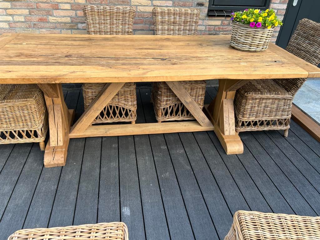Prachtig geleefde oud eiken klooster tafel kruispoot, Ophalen, 200 cm of meer, 50 tot 100 cm, Zo goed als nieuw