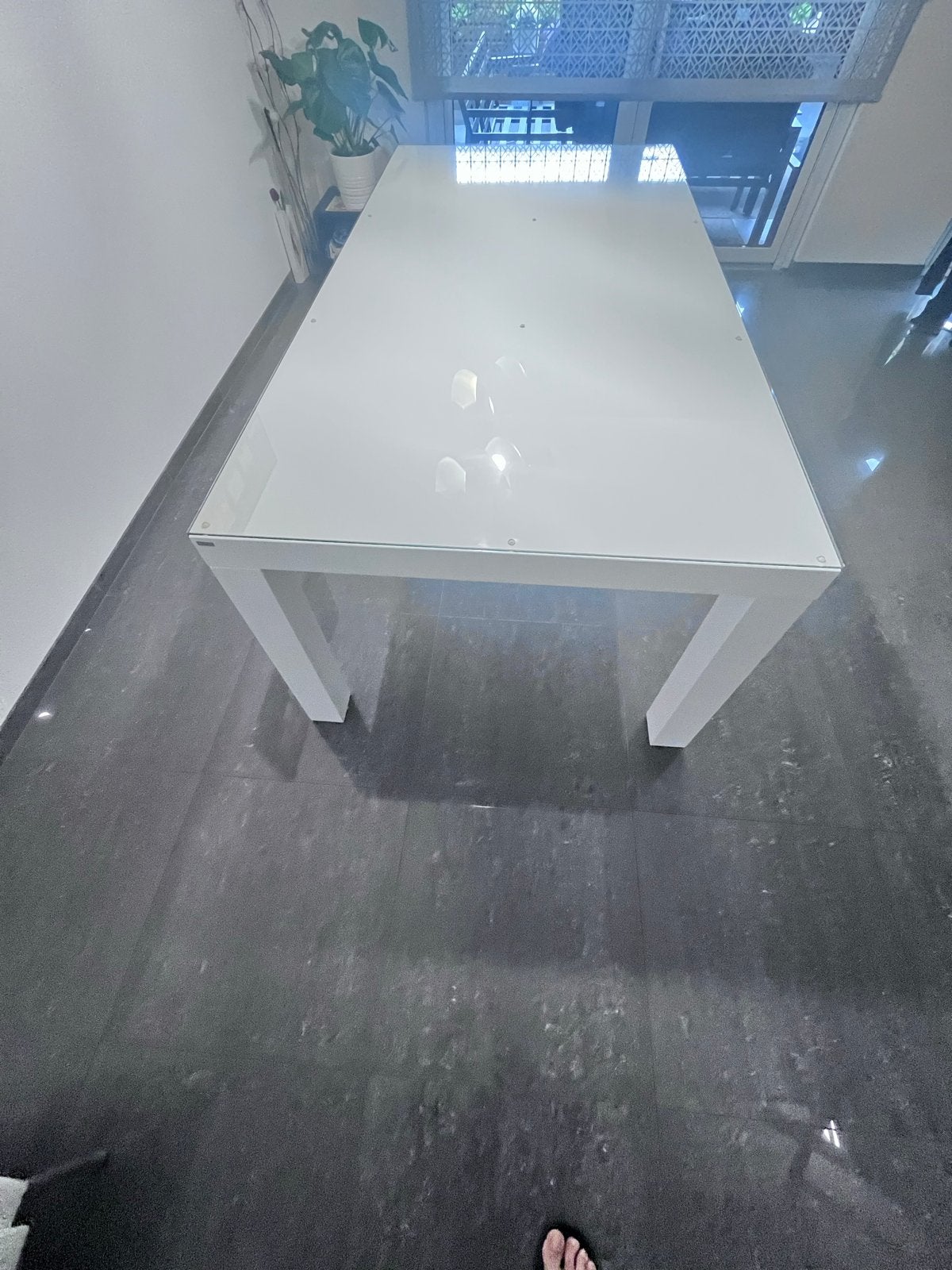 Hoogglans Witte Eettafel met Glasplaat - L 220 x B 110 cm, Ophalen, Gebruikt, Overige materialen, 100 tot 150 cm