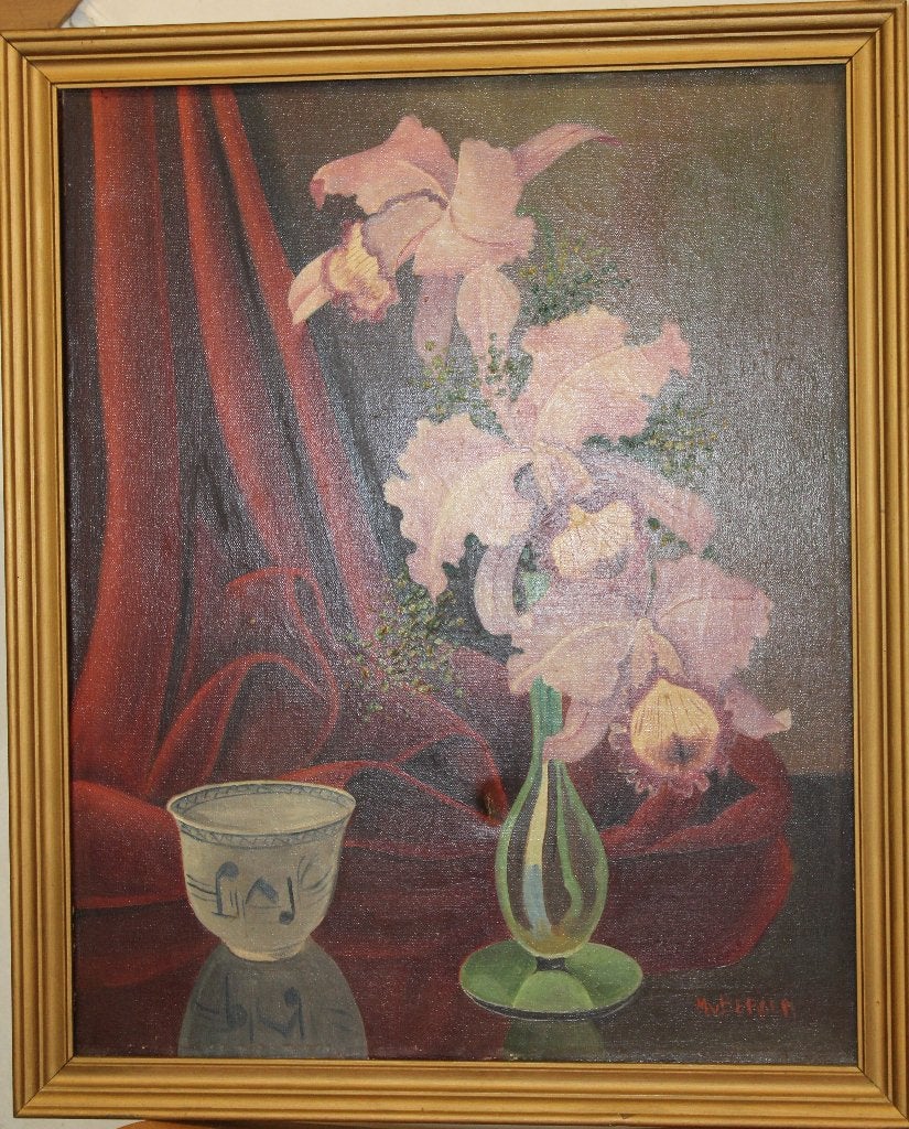 No 43Stilleven met orchideeën en kom, Handgeschilderd, Realistisch, Stilleven, Olieverf