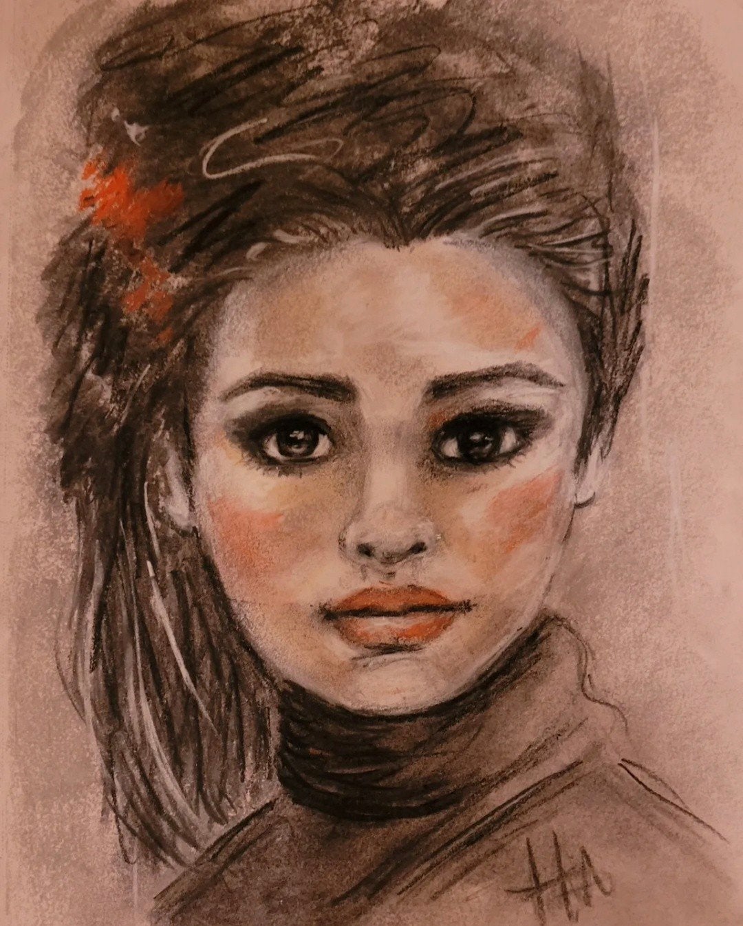 Portret vrouw, Ophalen of Verzenden, Tekening, Houtskooltekening, Ingelijst
