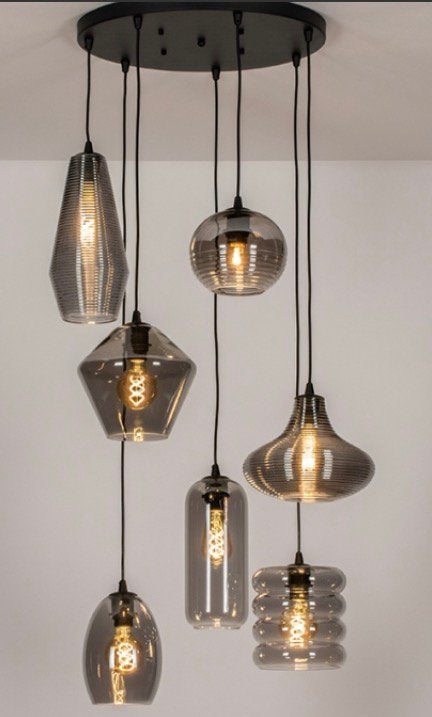 Hanglamp met 7 diverse zwarte rookglas hanglampen, Ophalen, Zo goed als nieuw
