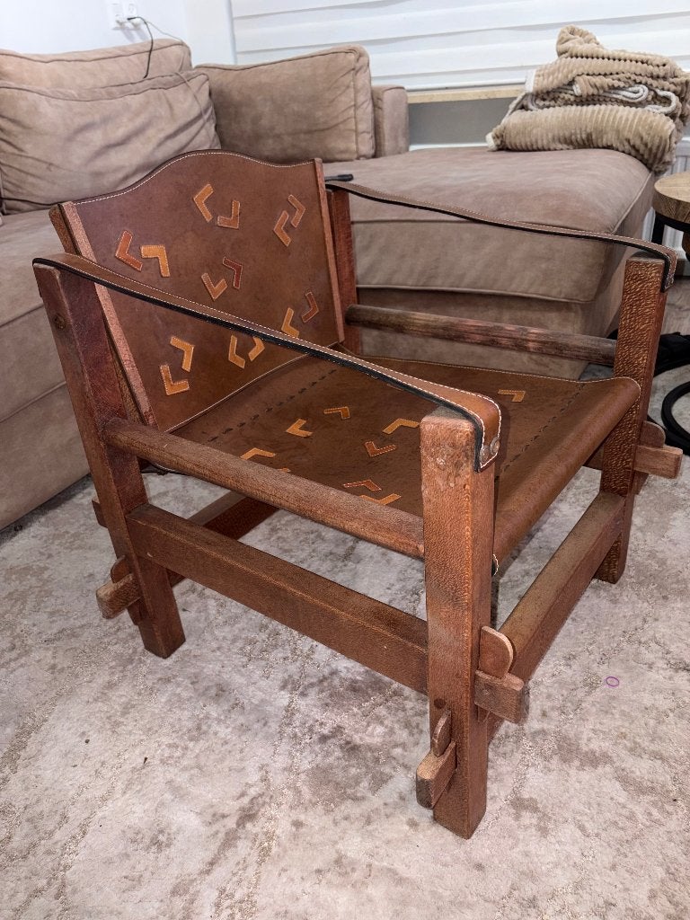 Vintage houten stoel met lederen zitting en rugleuning, Ophalen