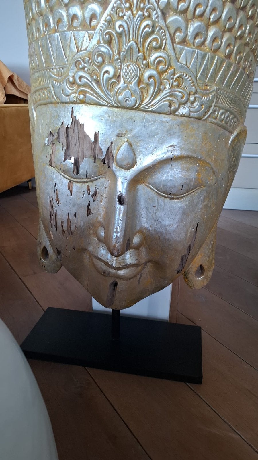 Indrukwekkend Boeddha hoofd, 165 cm hoog, goudkleurig, Antiek en Kunst, Kunst | Beelden en Houtsnijwerken, Ophalen, Beeld, Hout