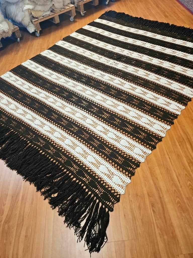 Vintage retro grote sjaal sprei ecru bruin gehaakt