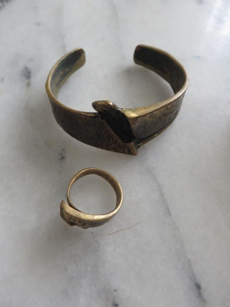 Brutalisme, jaren zeventig, bronzen armband en ring, Ophalen of Verzenden, Gebruikt, Overige kleuren, Overige materialen