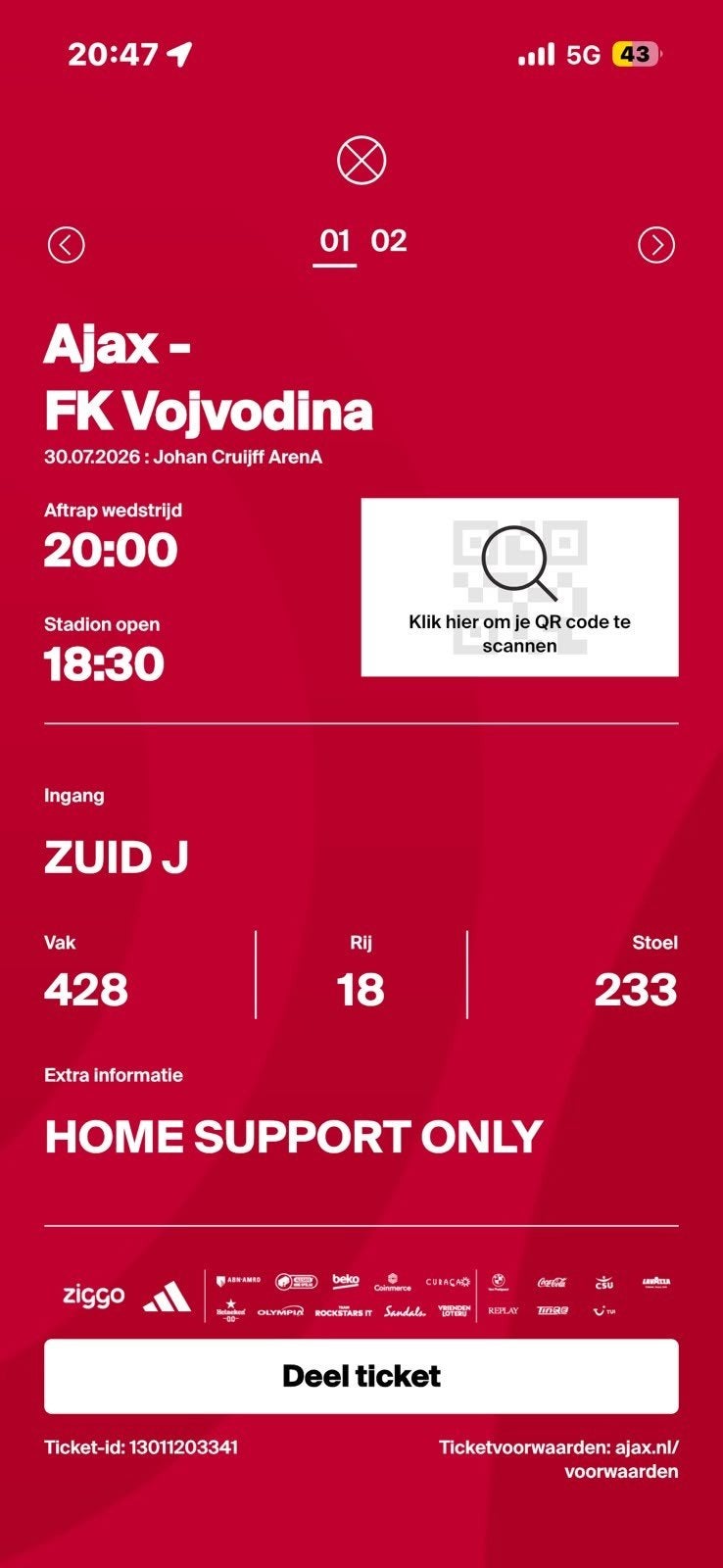 2 kaartjes Ajax naast elkaar, Twee personen