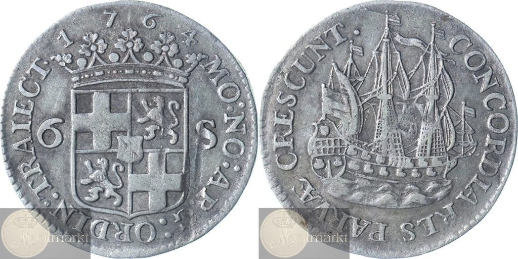 Utrecht - Scheepjesschelling 6 Stuivers 1764 'Traiectum', Postzegels en Munten, Vóór koninkrijk, Zilver, Losse munt, Overige waardes