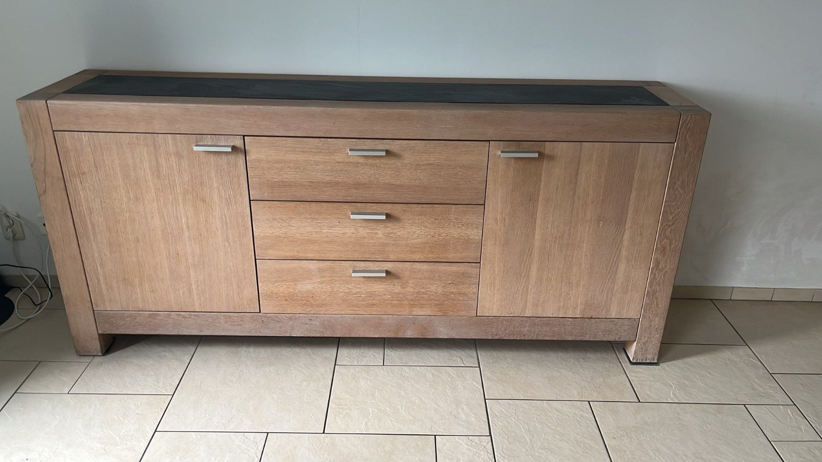 Prachtige robuuste eettafel & dressoir | met natuursteen, Gebruikt, 150 tot 200 cm, Met lade(s), Ophalen of Verzenden