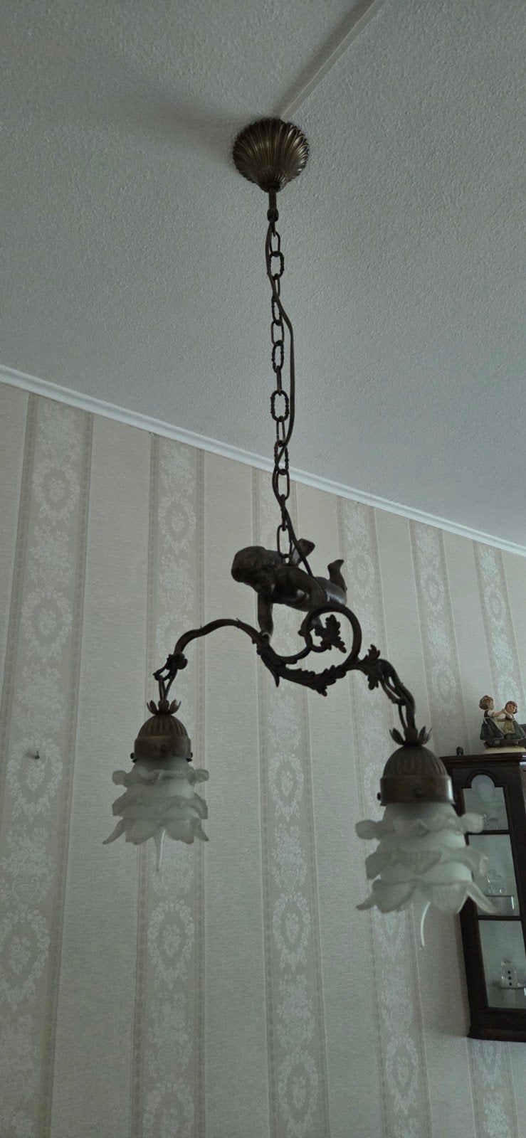 Hanglamp met twee glazen kappen, Gebruikt, E14 (klein), Glas, Antiek