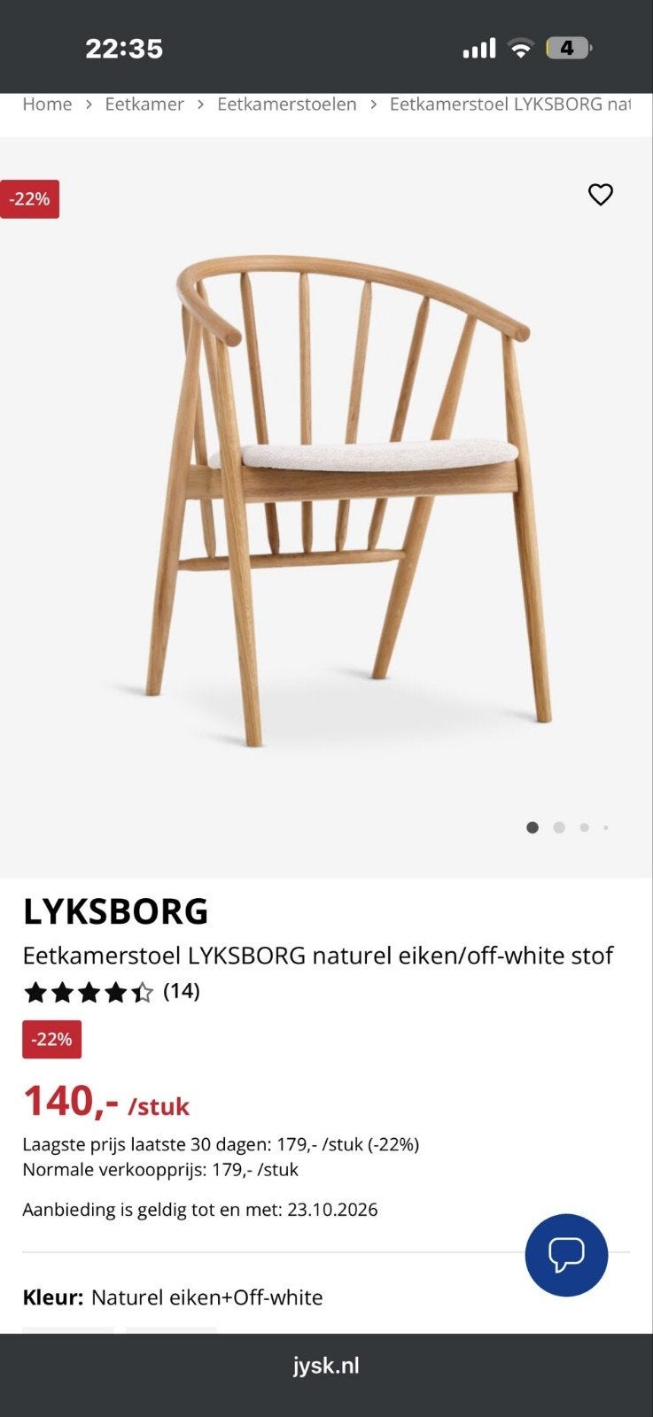 7x JYSK LYKSBORG Eetkamerstoelen - Natuurlijk Eiken/Off-whit, Ophalen, Hout, Wit, Vijf, Zes of meer stoelen