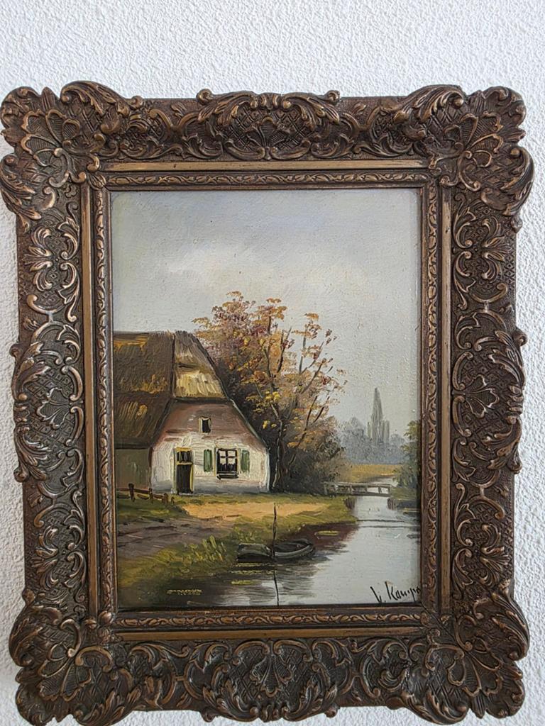 Schilderij V. Kampen - Hollands Landschap met Boerderij, Antiek en Kunst, Ophalen