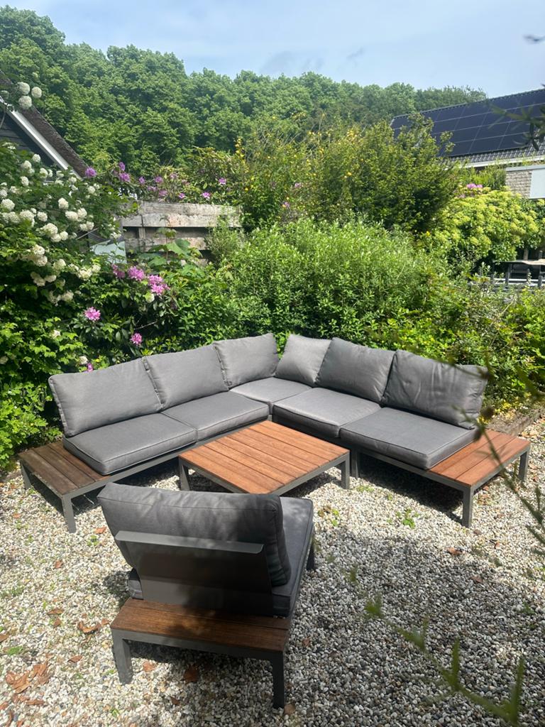 Ibiza loungeset met donkere hardhout planken, Ophalen, Gebruikt, Meer dan 8 zitplaatsen, Aluminium
