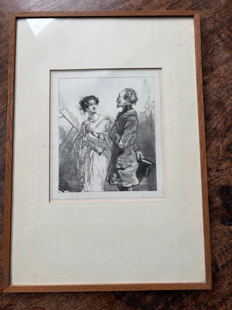 Paul Gavarni - Litho 'Huwelijkskado' uit 1850, Ophalen, 1800 - 1899, Ingelijst, Lithografie